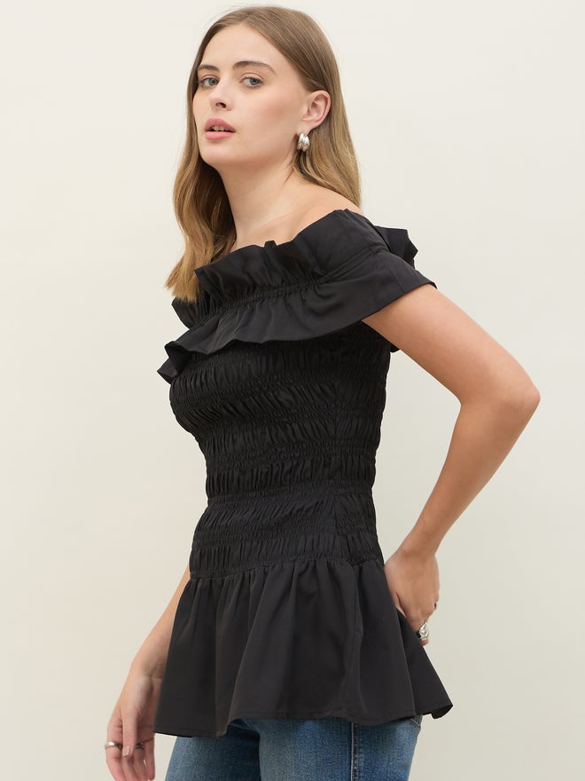 Styli Off Shoulder Smocked Detail Longline Top - Image 3